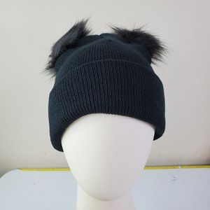 Shein Womens Black Faux Fur Pom Pom Foldover Knit Beanie Hat